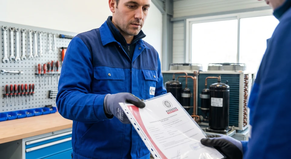 Gros plan professionnel montrant un frigoriste en uniforme de travail (ou gilet de travail) tenant un document officiel de certification Bureau Véritas clairement visible, en position de signature ou de présentation, dans un contexte professionnel d'atelier ou d'installation de climatisation/froid. L'accent doit être sur la documentation réglementaire et l'expertise professionnelle, transperçant la confiance et la conformité légale.