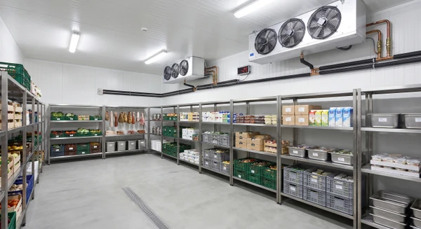Intérieur d'une chambre froide professionnelle vaste et bien éclairée, équipée de systèmes de refroidissement visibles en partie supérieure, avec des rayonnages métalliques remplis de produits alimentaires (viandes, poissons, produits laitiers) entreposés dans des bacs professionnels. Parois blanches isolantes, sol lisse, thermomètre de contrôle visible. La scène doit montrer clairement l'ampleur et la configuration professionnelle d'une installation de froid industriel.