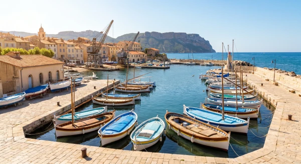 Photographie réelle en plein jour d'un élément urbain ou architectural caractéristique de La Ciotat, illustrant l'identité visuelle provençale de la commune. L'image pourrait montrer le fameux port avec ses bateaux de pêche traditionnels, la baie méditerranéenne en arrière-plan, une vue du vieux centre-ville avec architecture provençale, les quais avec restaurants ou bâtiments historiques surplombant la mer, ou l'église locale. La photographie doit être de qualité professionnelle, prise en conditions d'éclairage naturel jour, sans texte ni logo, permettant une identification claire de La Ciotat comme localité côtière de Provence-Côte d'Azur.